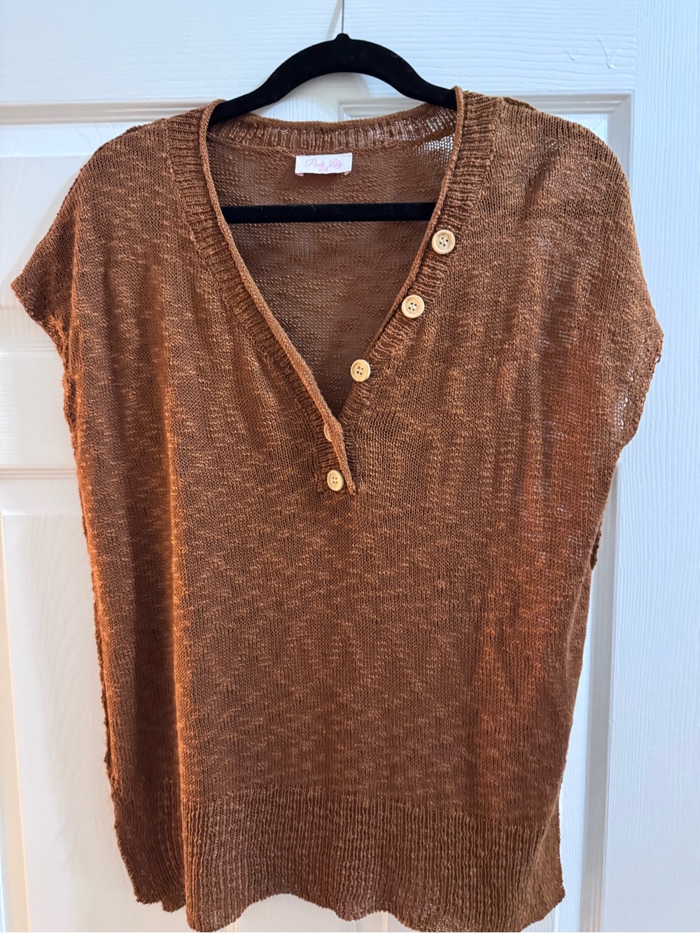 Pink Lily Brown Short-Sleeve V-Neck Button Knit Top